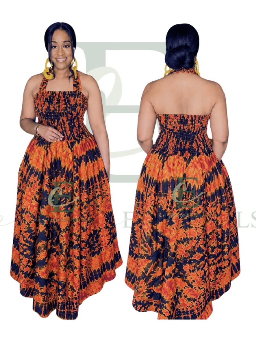Orange & Black Tie-Dye Halter Long Maxi Dress | One Size (S–XXL)
